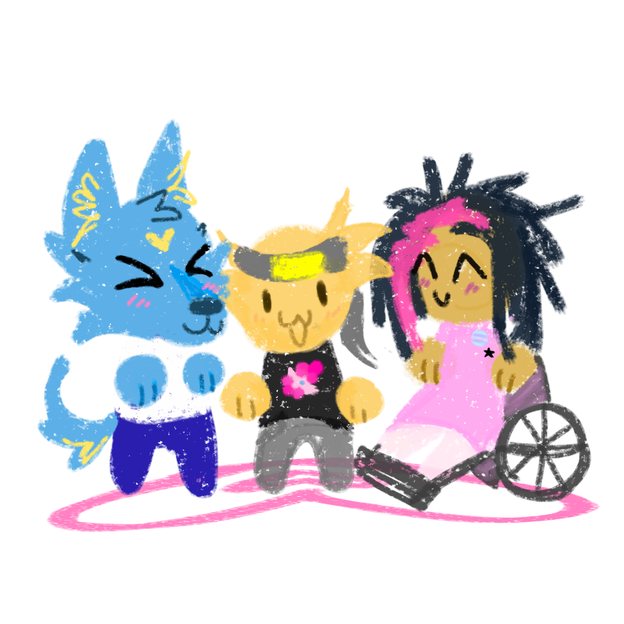 Three crayon textured characters, a blue anthro wolf, a yellow character with a headband and My Little pony shirt, and a yellow girl with pink and black scene styled hair they have a trans pin on their pink dress and are in a wheelchair, they are standing together on a pink heart